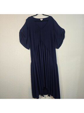 Avenue Maxi Dress Women Plus Size 30-32 Blue Roll Tab Sleeve Tie Waist Boho